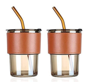 Elegant 400ml Glass Mug – Lid, Straw & Leather Sleeve for Coffee & Tea