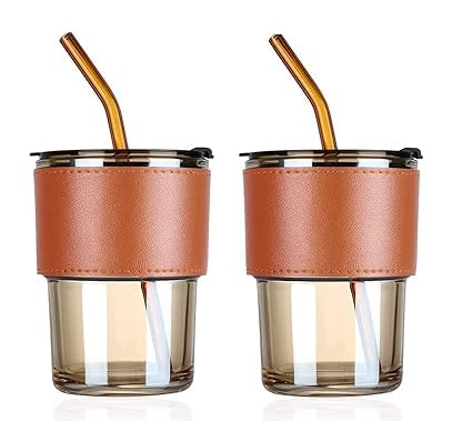 Elegant 400ml Glass Mug – Lid, Straw & Leather Sleeve for Coffee & Tea