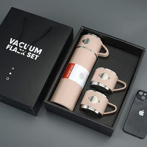 Double Wall Stainless Steel Thermo - 500 ml | Vacuum Insulated Bottle Water Flask Gift Set with Two Cups Hot & Cold | Assorted Color | Corporate Gift Items | Tea Coffee Thermal Flask Assorted Colors