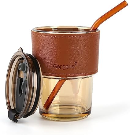 Elegant 400ml Glass Mug – Lid, Straw & Leather Sleeve for Coffee & Tea