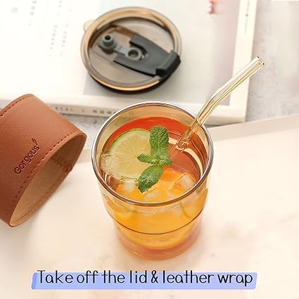 Elegant 400ml Glass Mug – Lid, Straw & Leather Sleeve for Coffee & Tea