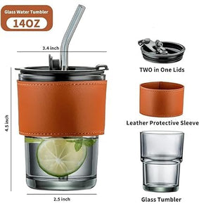 Elegant 400ml Glass Mug – Lid, Straw & Leather Sleeve for Coffee & Tea