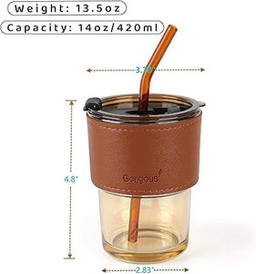 Elegant 400ml Glass Mug – Lid, Straw & Leather Sleeve for Coffee & Tea