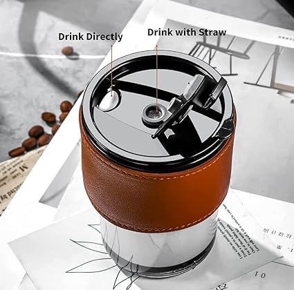 Elegant 400ml Glass Mug – Lid, Straw & Leather Sleeve for Coffee & Tea